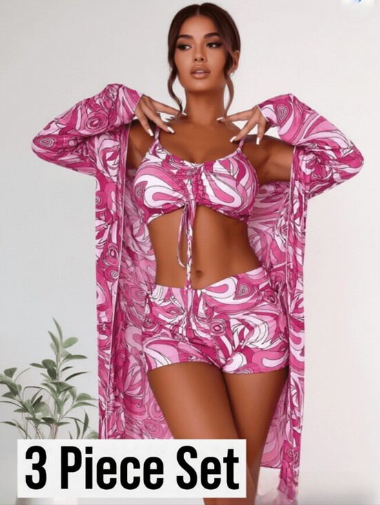 Other - Pink/White Ruched Front Adjustable Strap Bikini Top/Boy Shorts. Kimono INCLUDED!